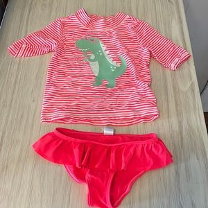 Carter’s Two Piece Tankini Girls Size 6/6x Donut Dinosaur Design Hot Pink